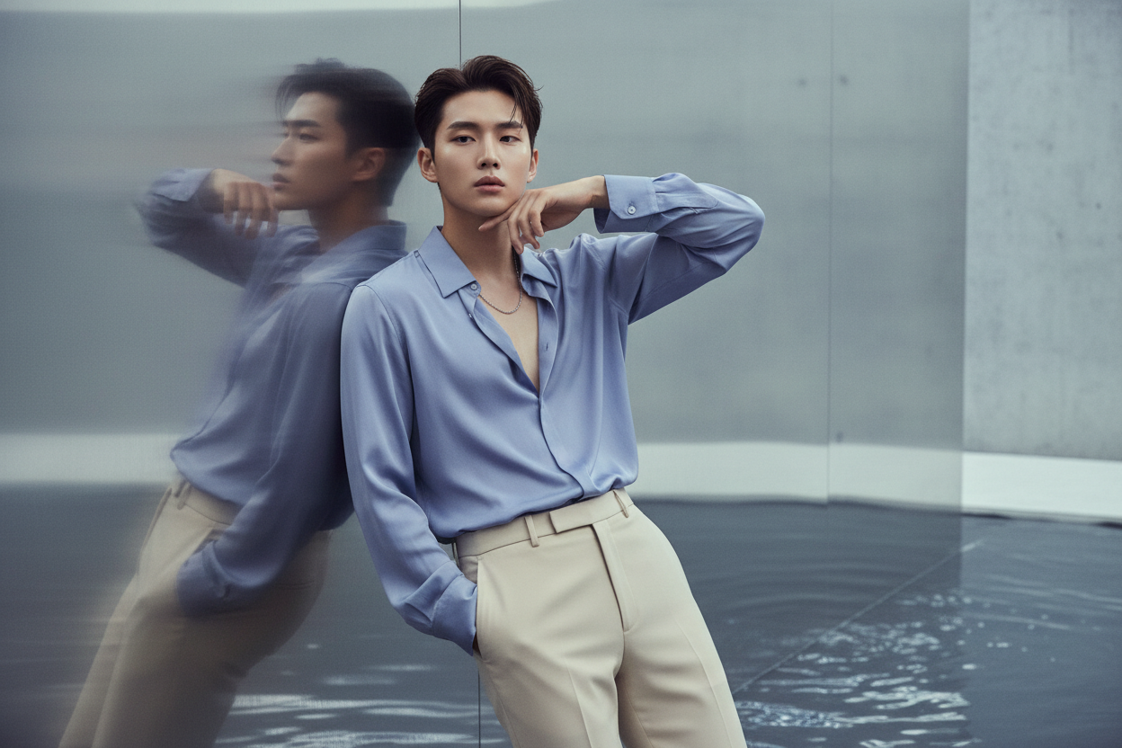 korean man with glass skin doing a model esque pose 